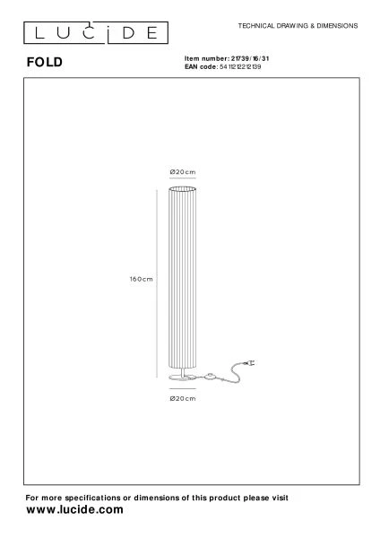 Lucide FOLD - Floor lamp - Ø 20 cm - 3xE27 - White - technical